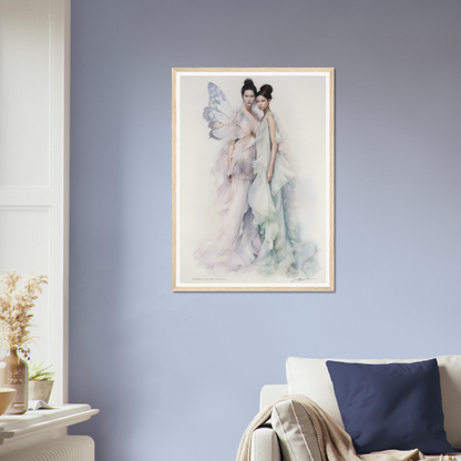 Framed watercolor painting of two ethereal figures in flowing dresses.