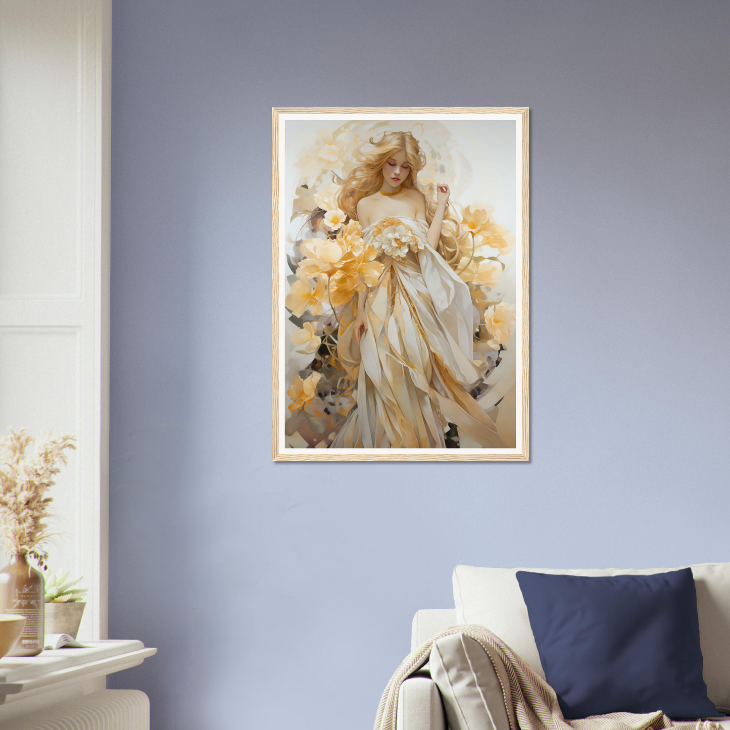 Framed painting of an ethereal woman in flowing white robes surrounded by golden flowers.