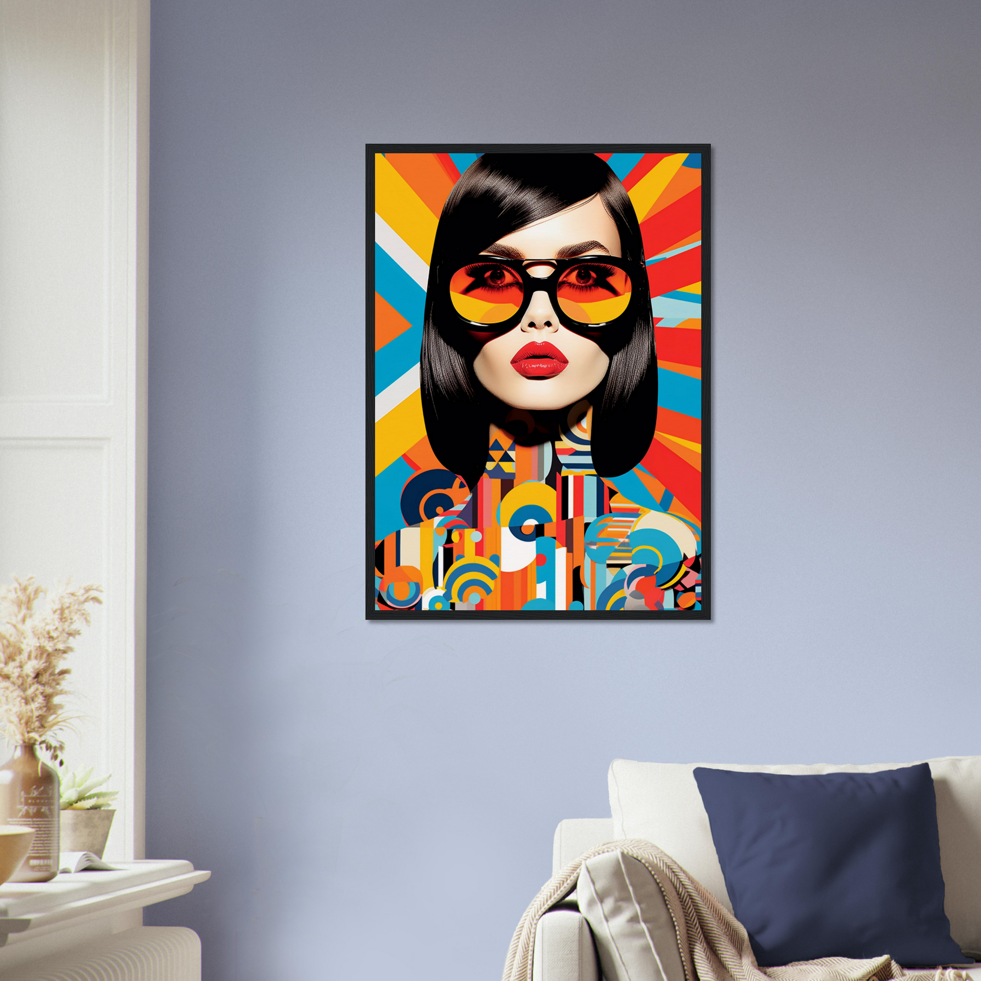 Colorful pop art-style portrait of a woman wearing orange sunglasses against a vibrant radiating background.