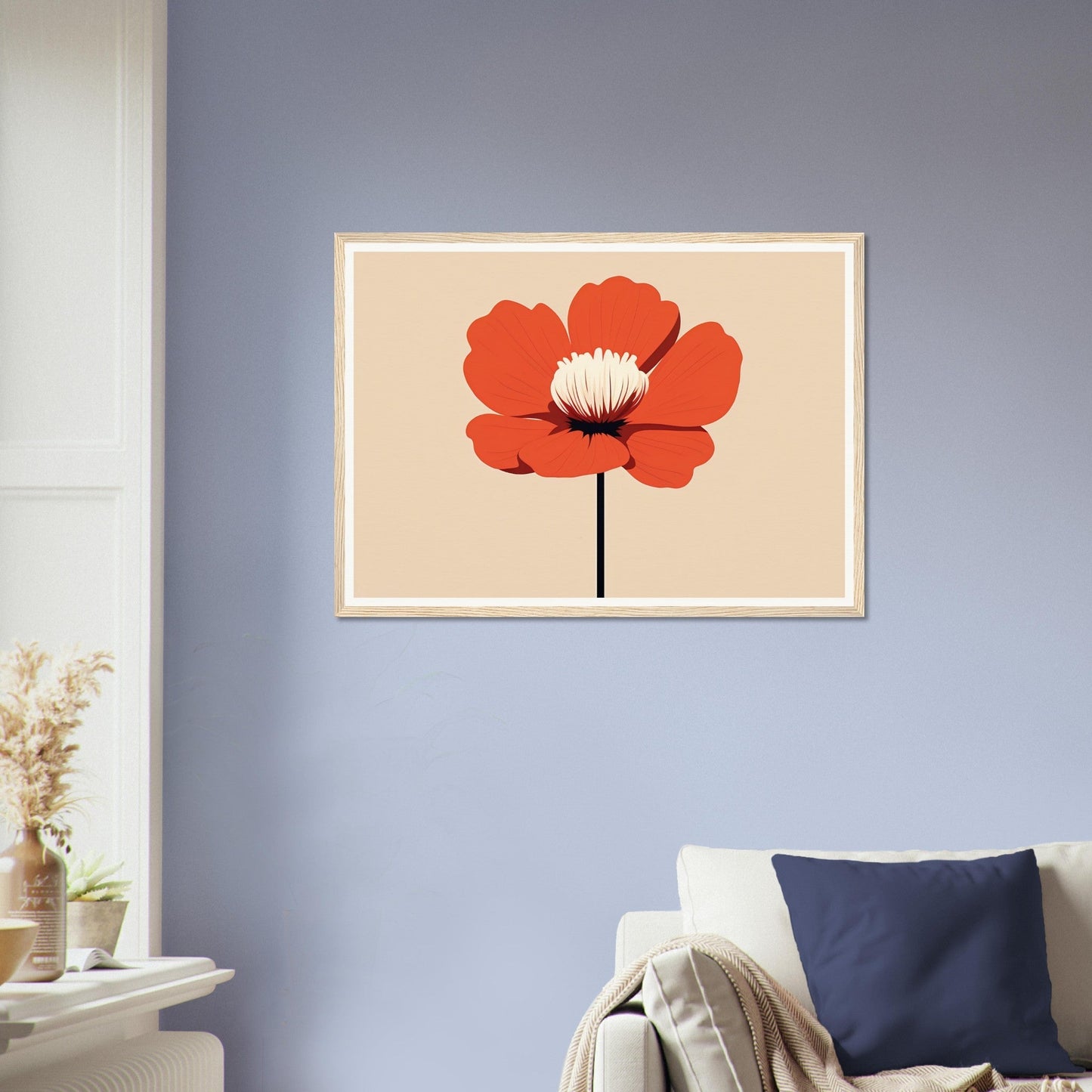 Framed artwork of a vibrant red poppy flower against a beige background.