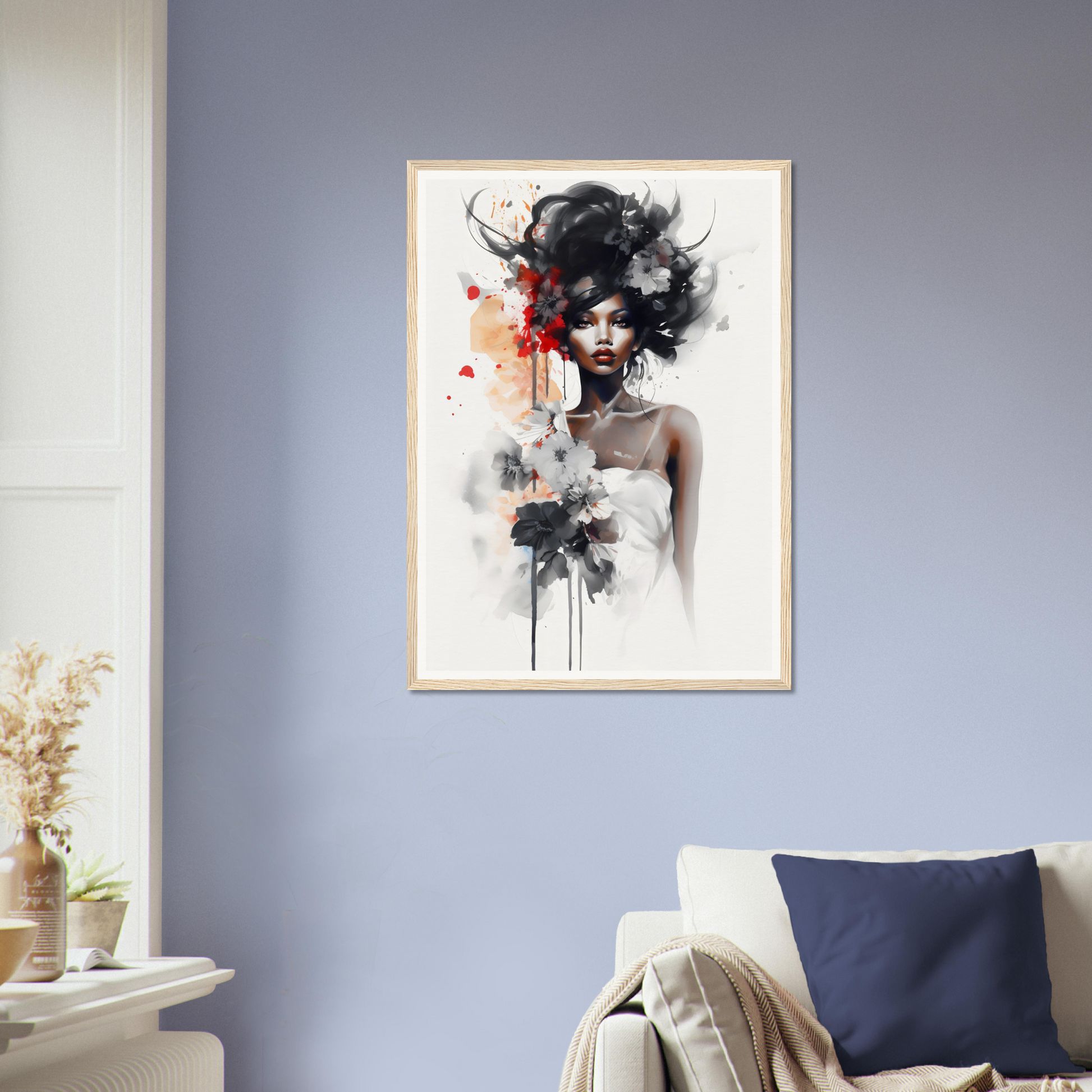 Framed artistic portrait of a woman with flowing hair and floral elements in a watercolor style.