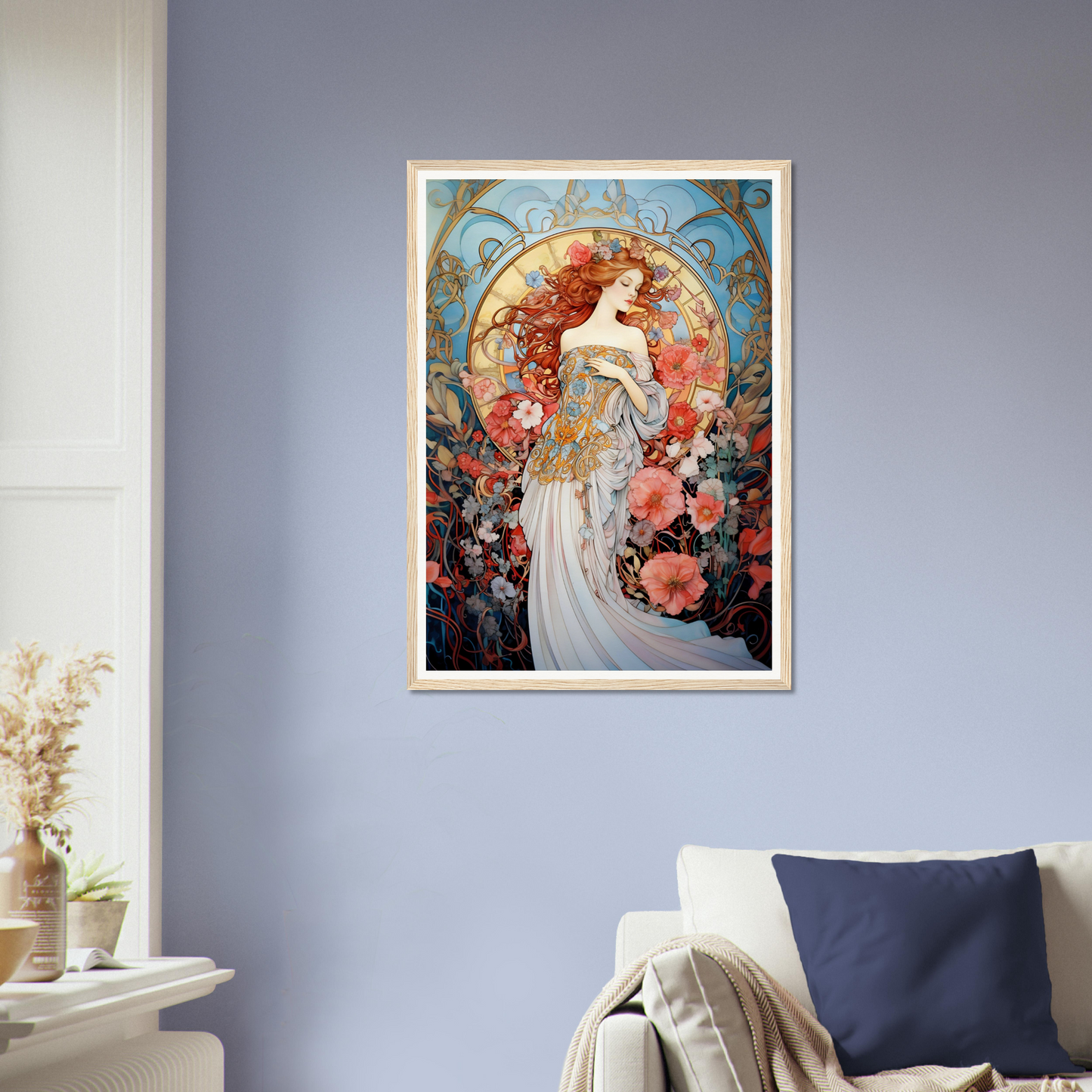 Framed Art Nouveau-style painting of a woman surrounded by floral motifs.