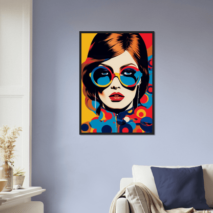 Pop art-style portrait of a woman wearing oversized blue sunglasses and red lipstick.