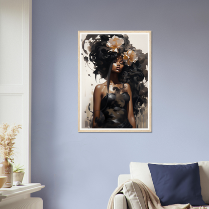 Framed portrait of a woman with flowers in her hair against a dark, abstract background.