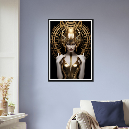 Framed artwork depicting a figure with an elaborate golden headdress and metallic bodice.