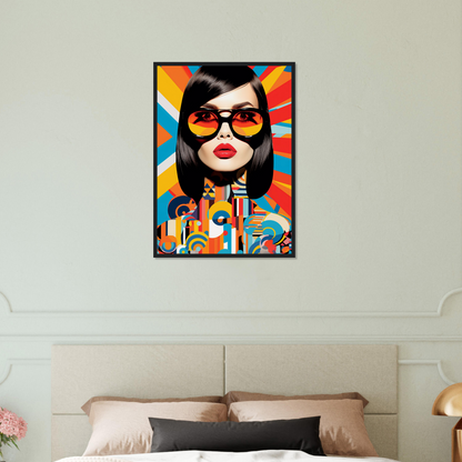 Colorful pop art-style portrait of a woman wearing sunglasses with vibrant geometric patterns.