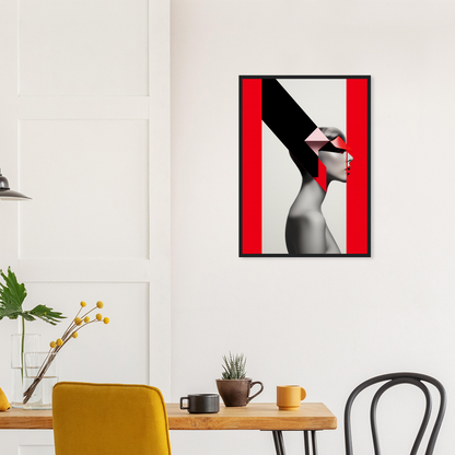 Striking black-framed artwork featuring a profile silhouette with bold red and black geometric elements.