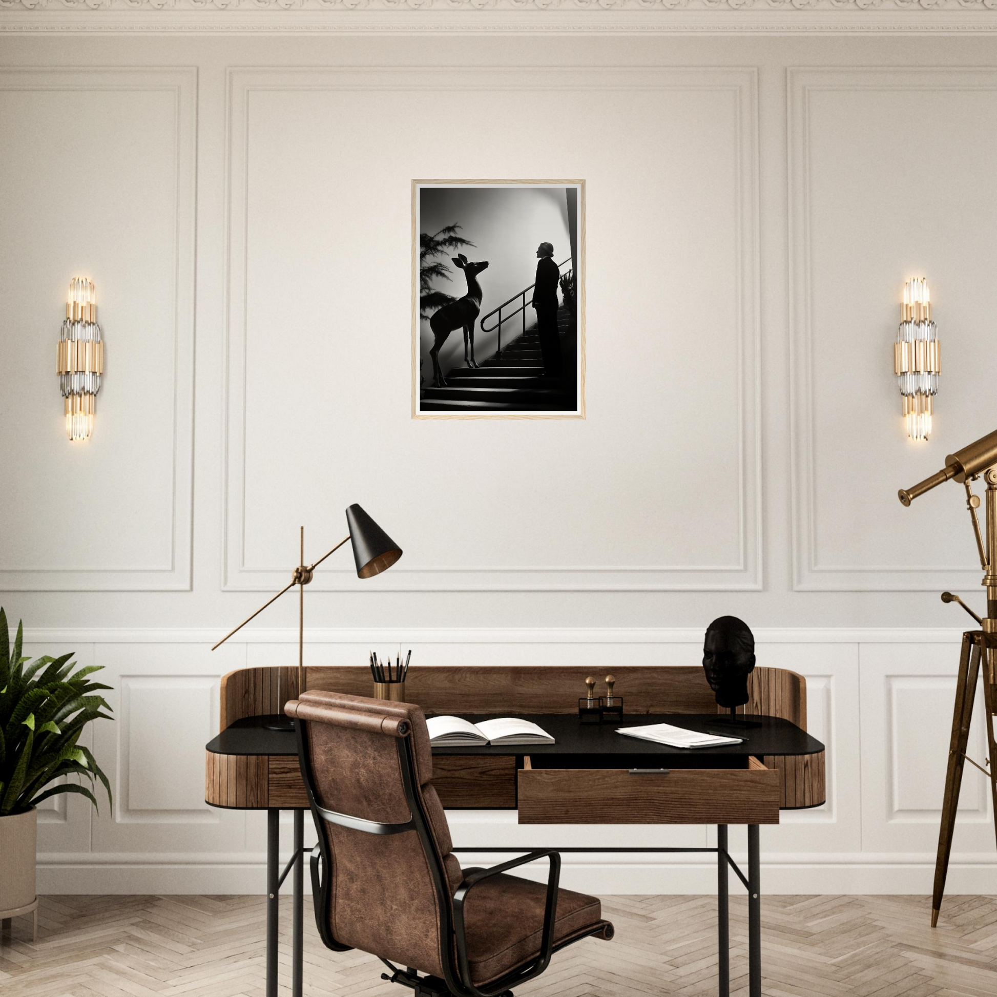 Wooden desk with leather chair in a home office setting.