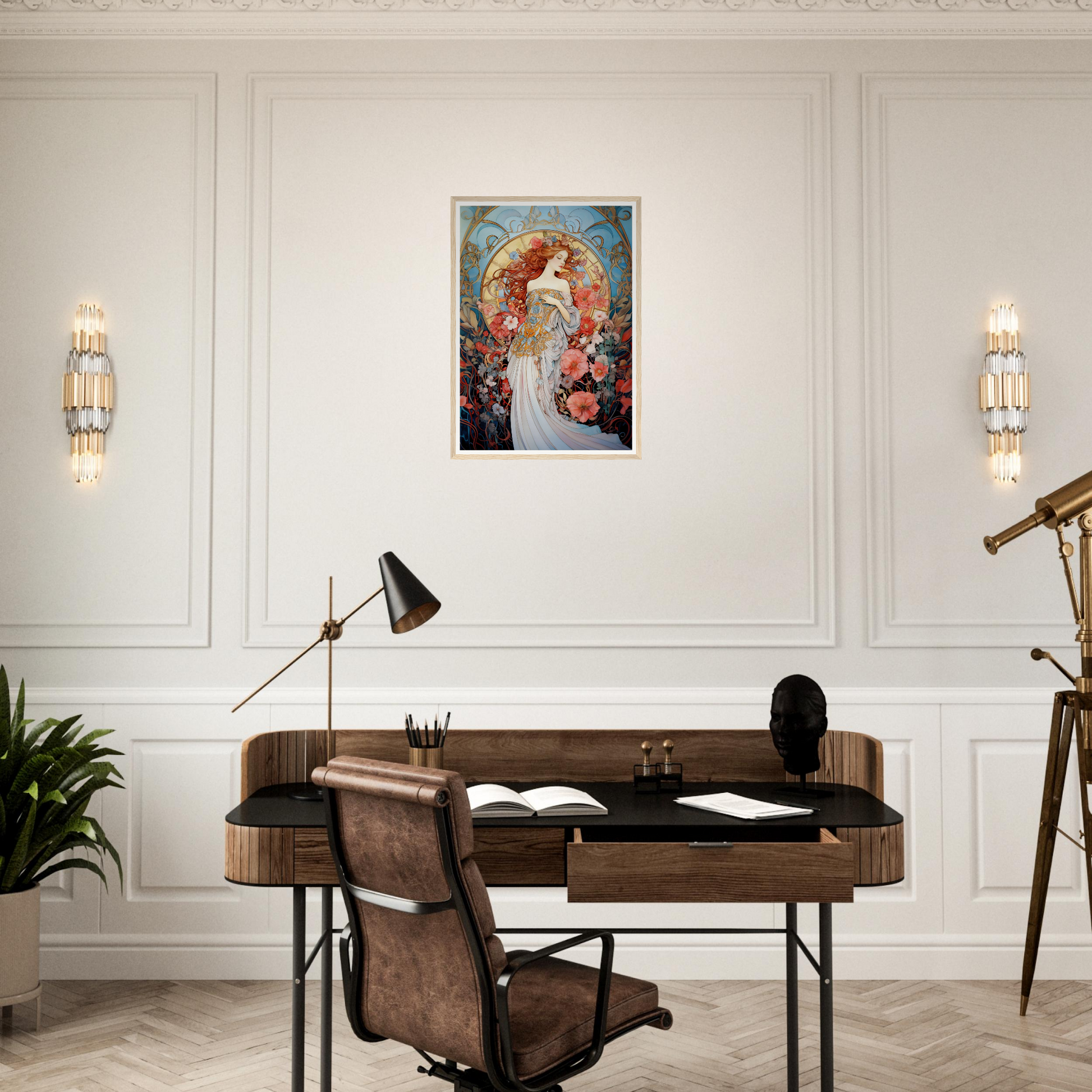 Wooden desk with leather chair in a home office setting.