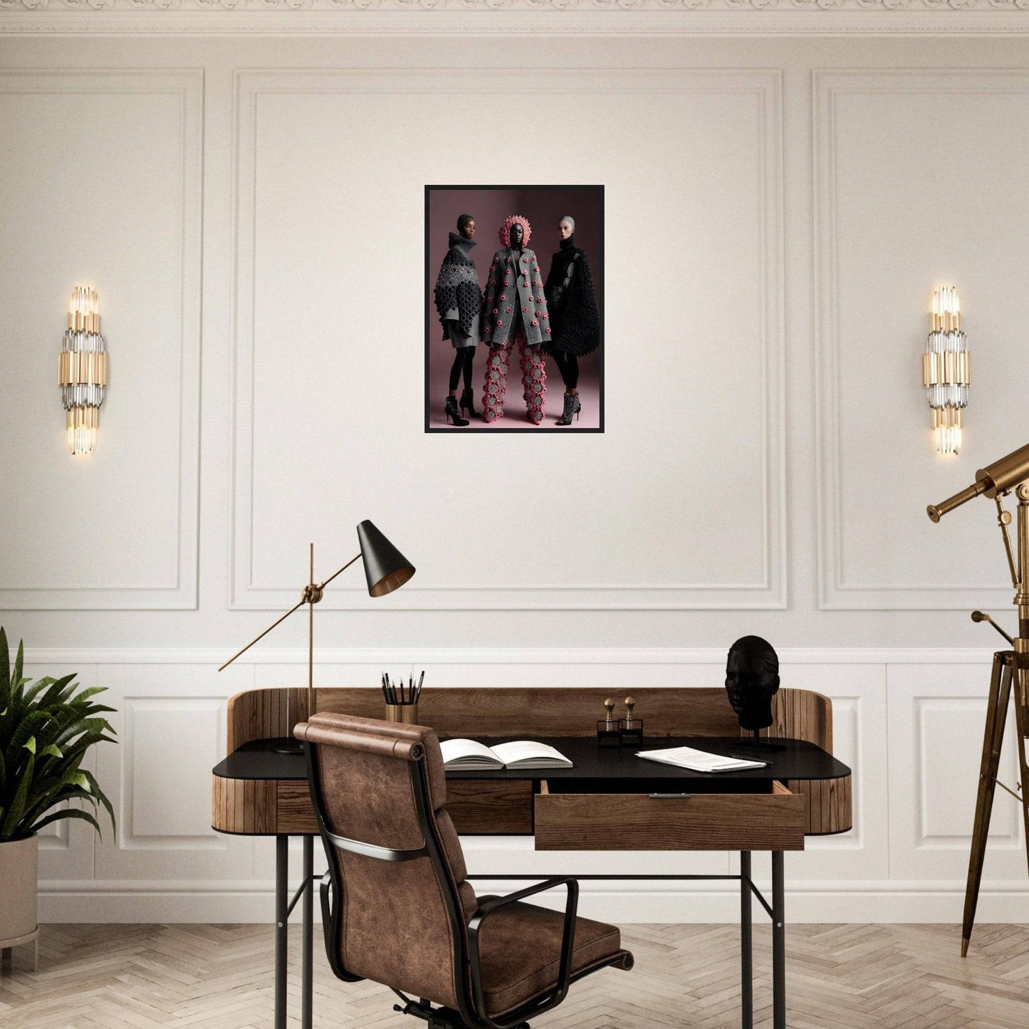 Wooden desk with a leather chair in a home office setting.