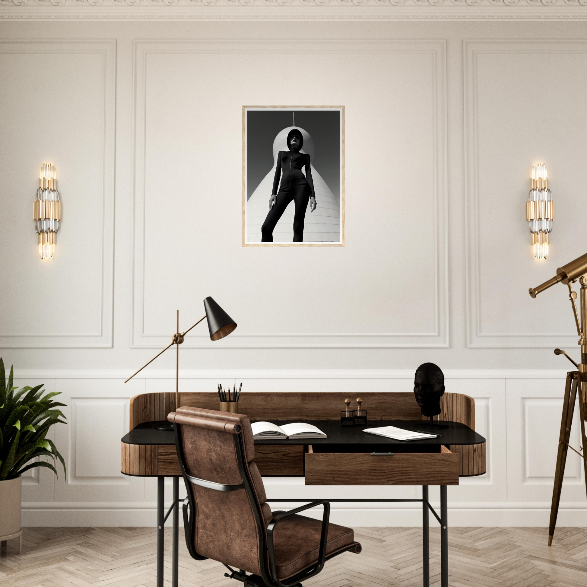 Elegant wooden desk with leather chair in a mid-century modern style.