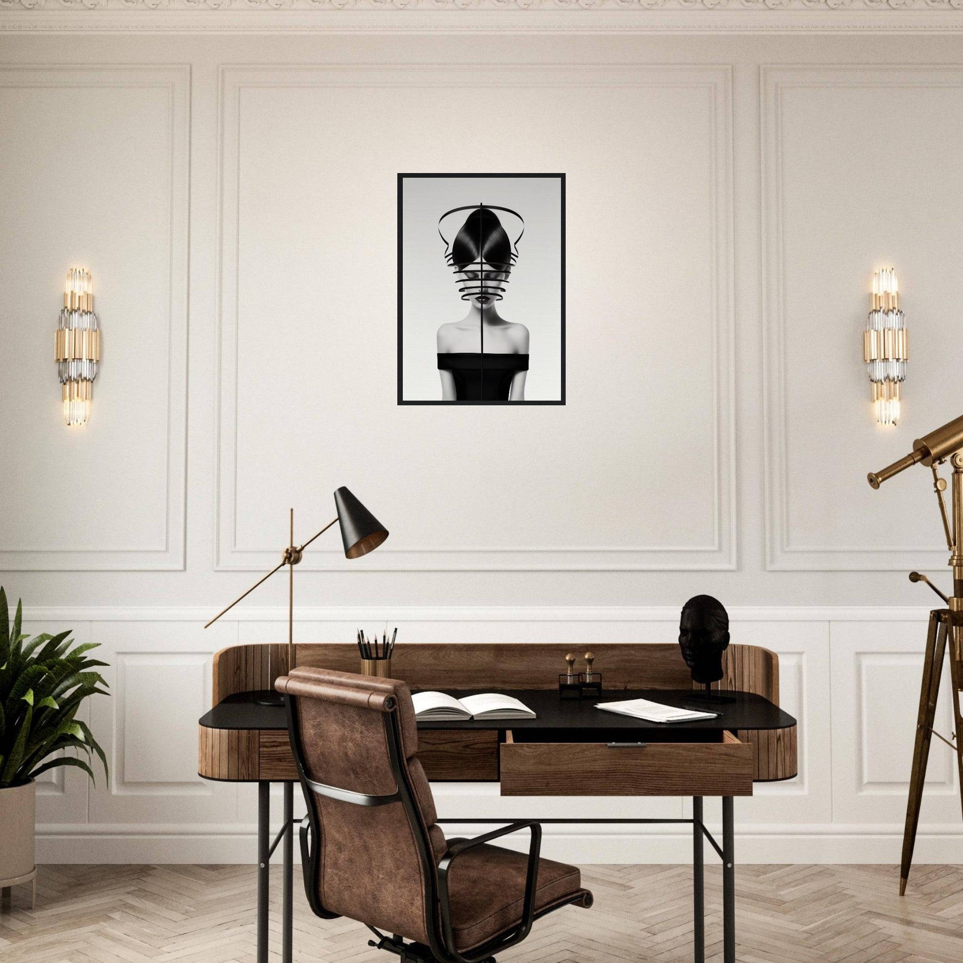 Wooden desk with leather chair in a mid-century modern style.