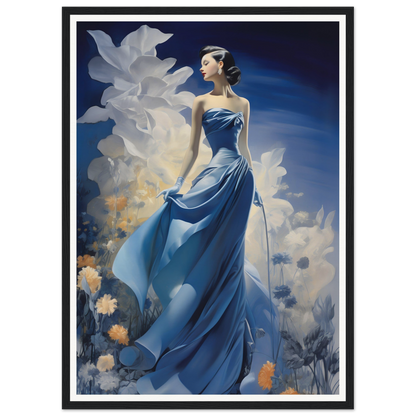 Elegant woman in a flowing blue gown standing gracefully.