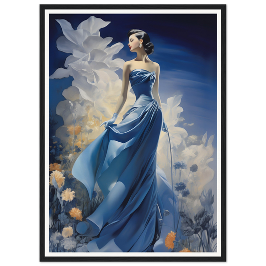 Elegant woman in a flowing blue gown standing gracefully.