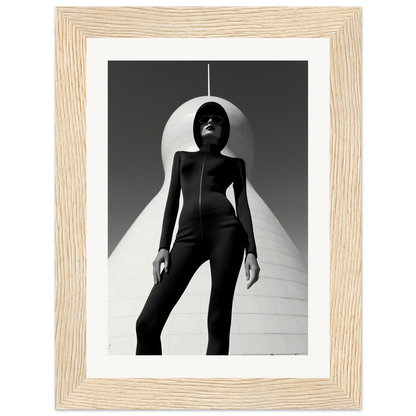 Striking black-and-white photograph of a figure in a sleek bodysuit posed dramatically beneath a curved white shape.