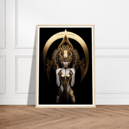 Framed artwork depicting a surreal golden female figure with an elaborate headdress against a dark background.