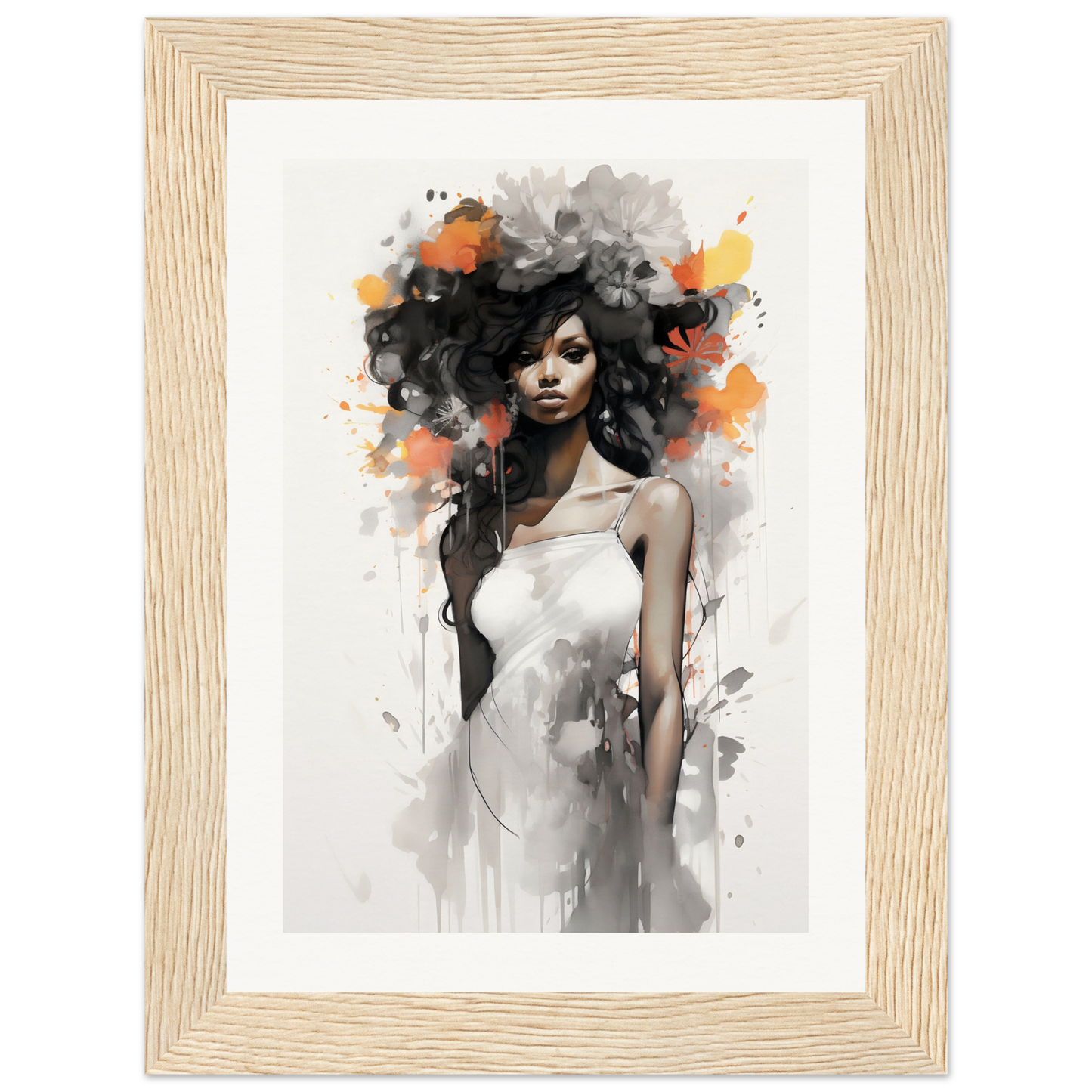 Artistic portrait of a woman with voluminous curly hair and a white dress, rendered in a watercolor-like style with splashes of orange and black.