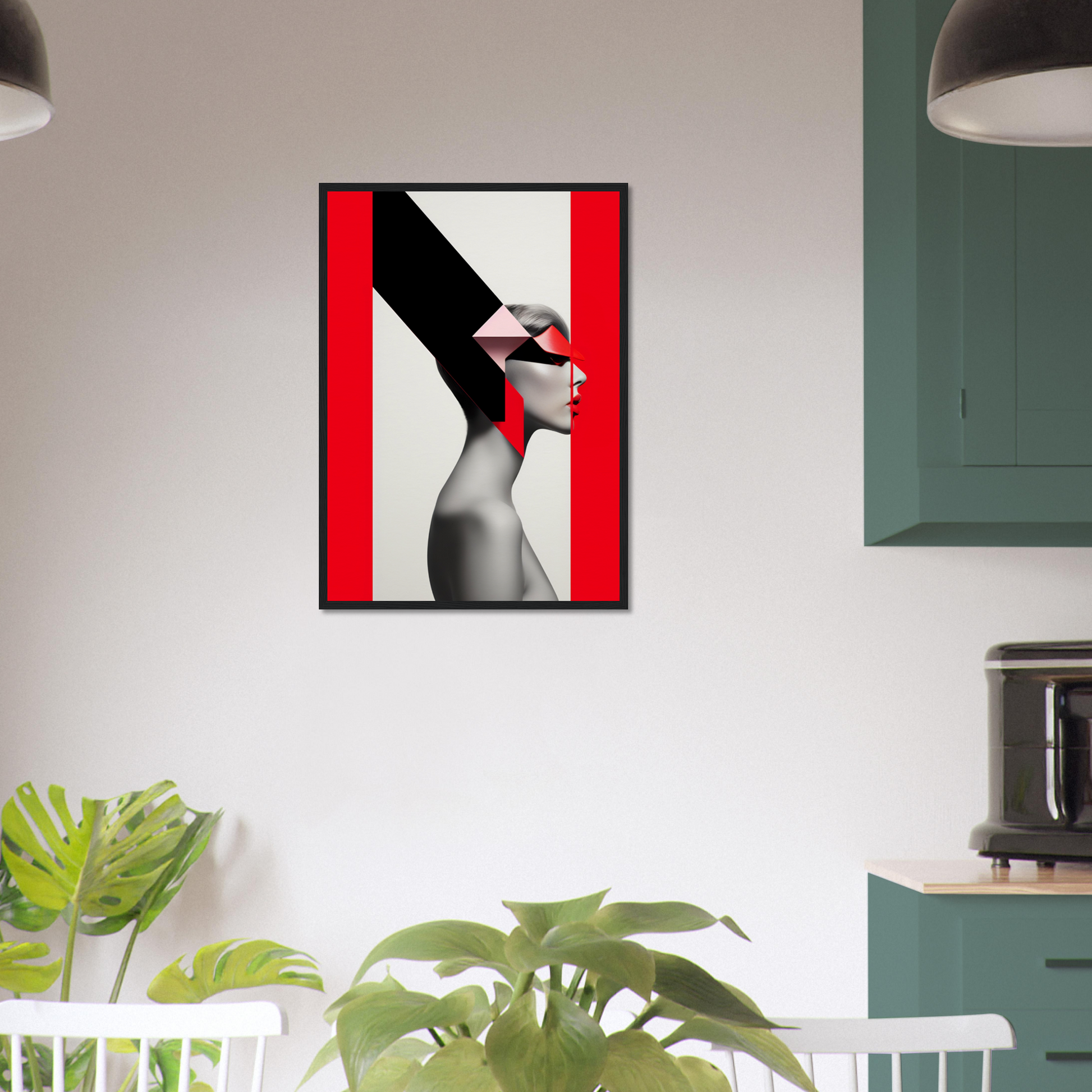 Framed artistic photograph featuring a person’s profile with bold red and black geometric elements.