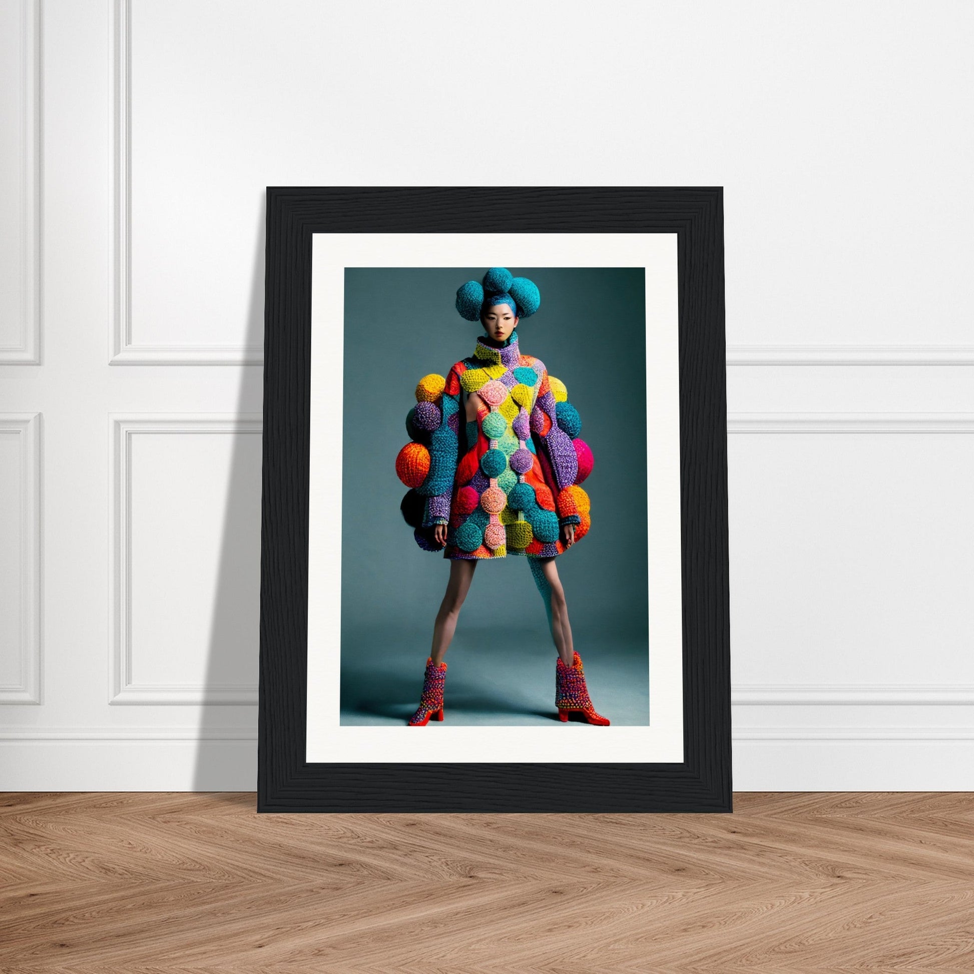 Framed photograph of a person wearing an extremely colorful, pom-pom covered outfit and blue hair.