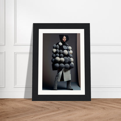 Framed photograph of a person wearing an avant-garde coat adorned with spherical shapes.