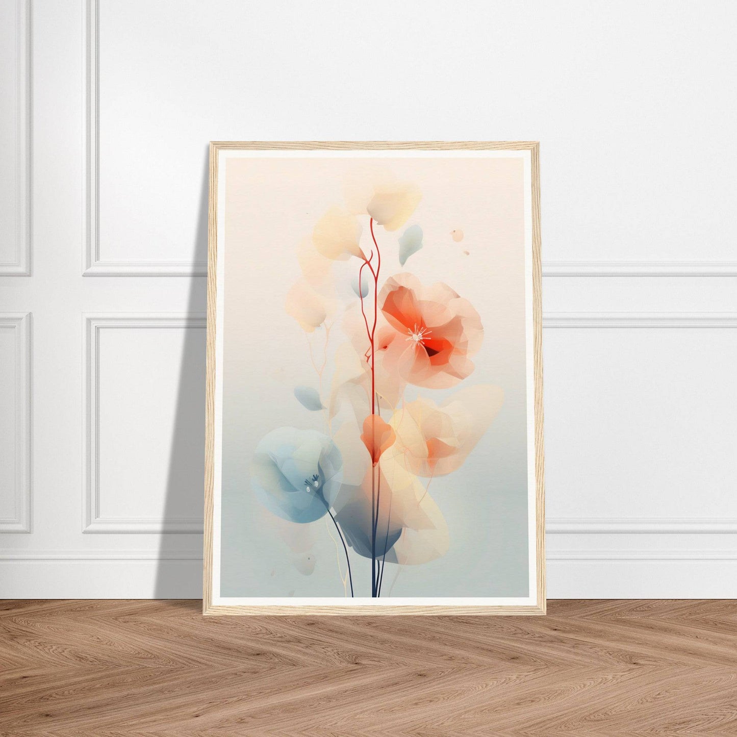 Framed watercolor painting of delicate, abstract floral shapes in soft pastel hues.