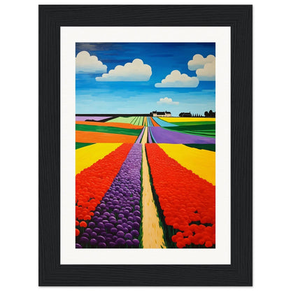 Colorful painting of flower fields stretching towards the horizon.