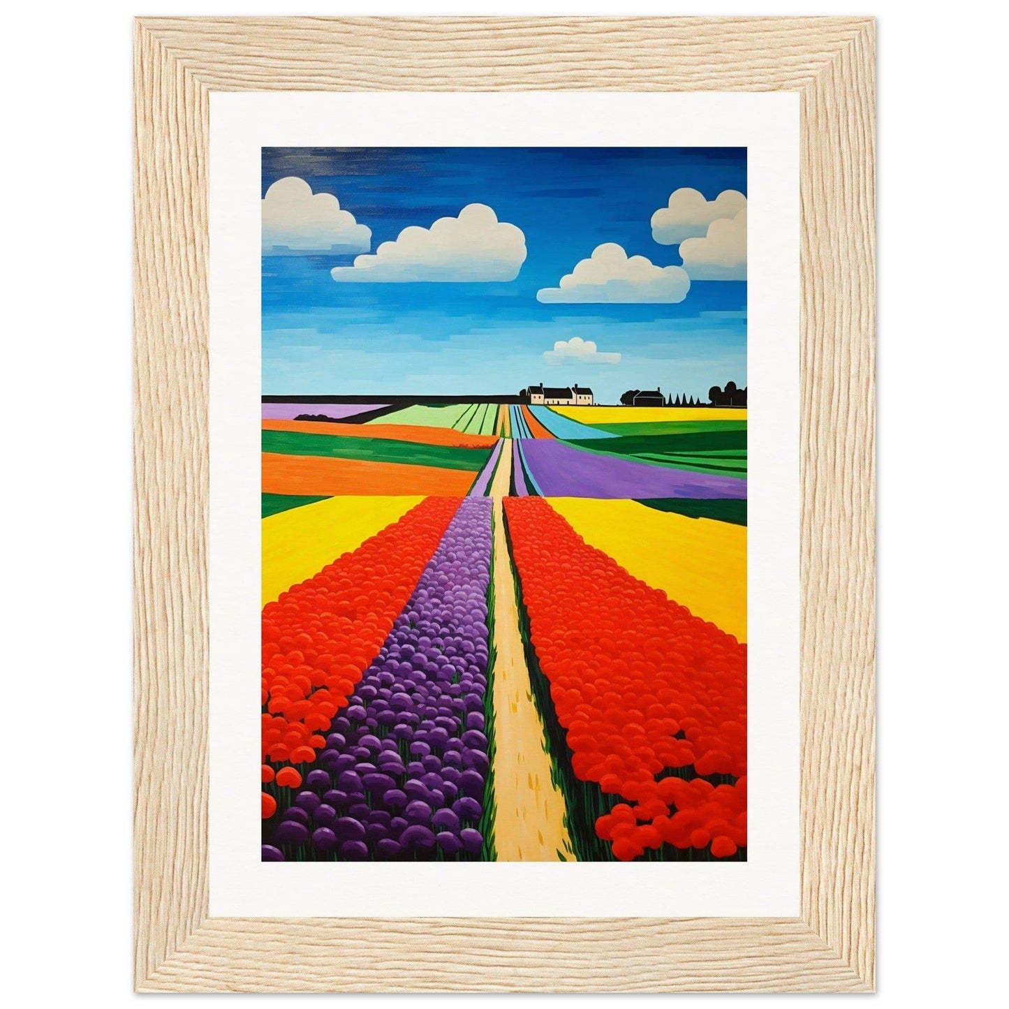 Colorful painting of flower fields stretching to the horizon in a wooden frame.