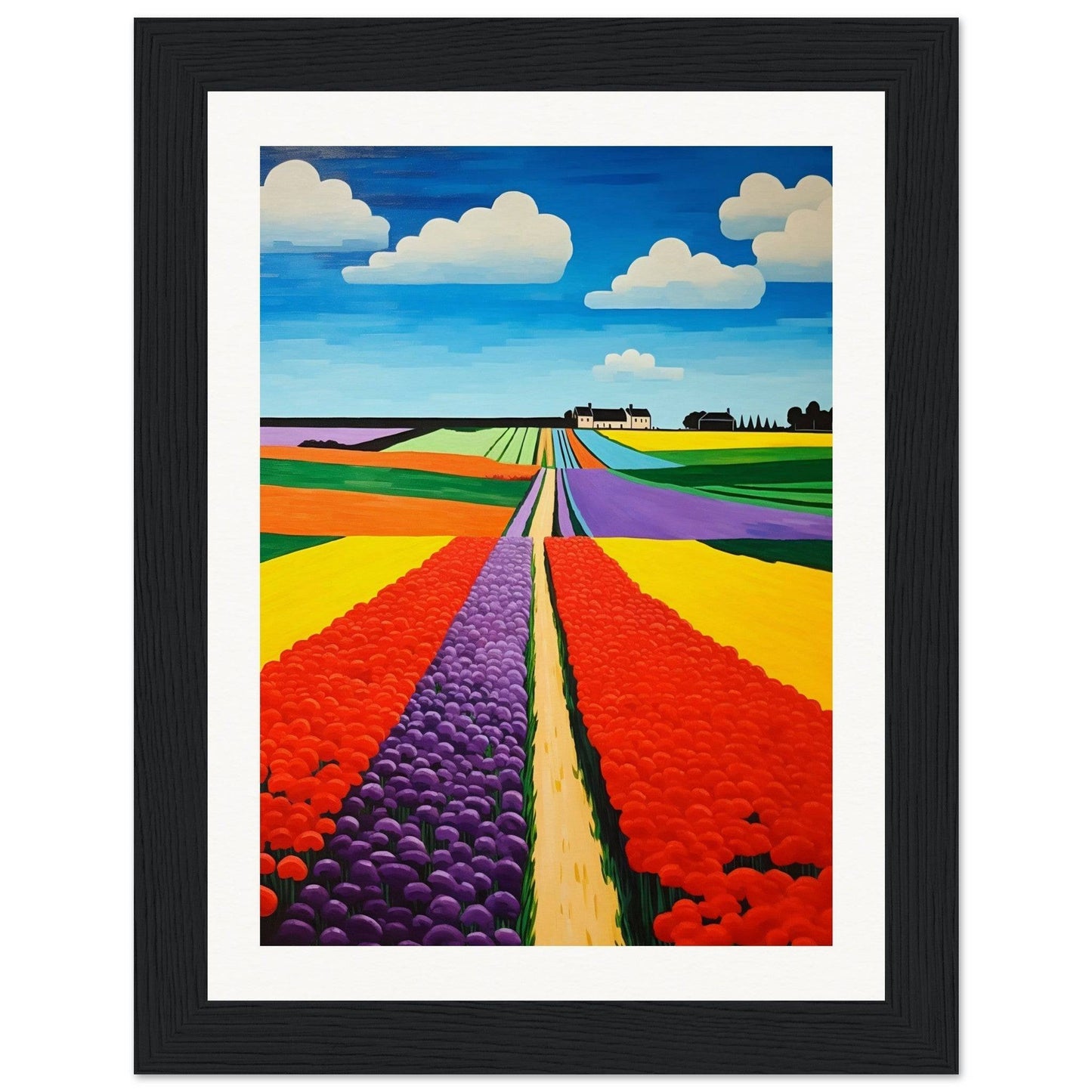 Colorful painting of vibrant flower fields stretching towards the horizon.