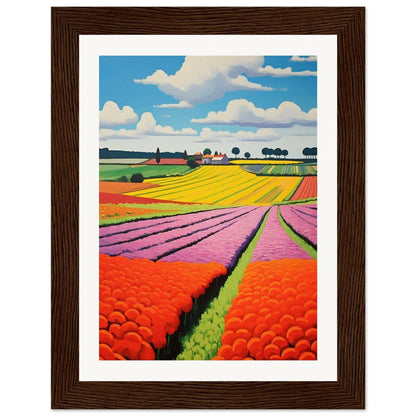 Colorful painting of vibrant flower fields in a rural landscape.