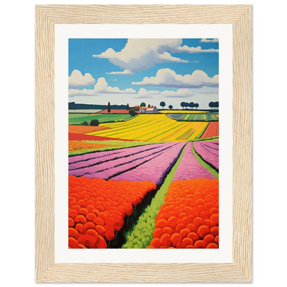 Colorful painting of vibrant flower fields stretching across a rural landscape.