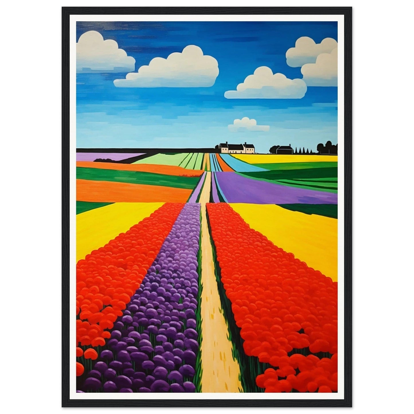 Vibrant painting of colorful flower fields stretching towards the horizon.