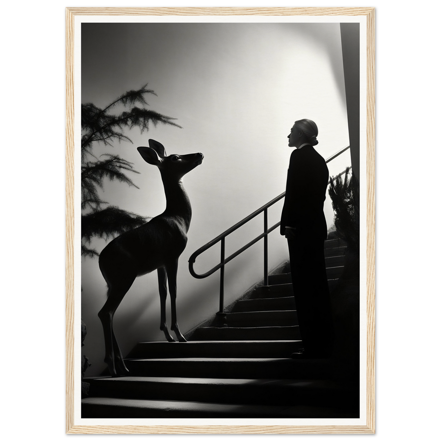 Silhouette of a deer standing on stairs facing a human figure.