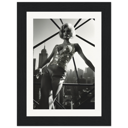 Black and white photograph of a woman in a sparkly bodysuit posing against a city skyline.