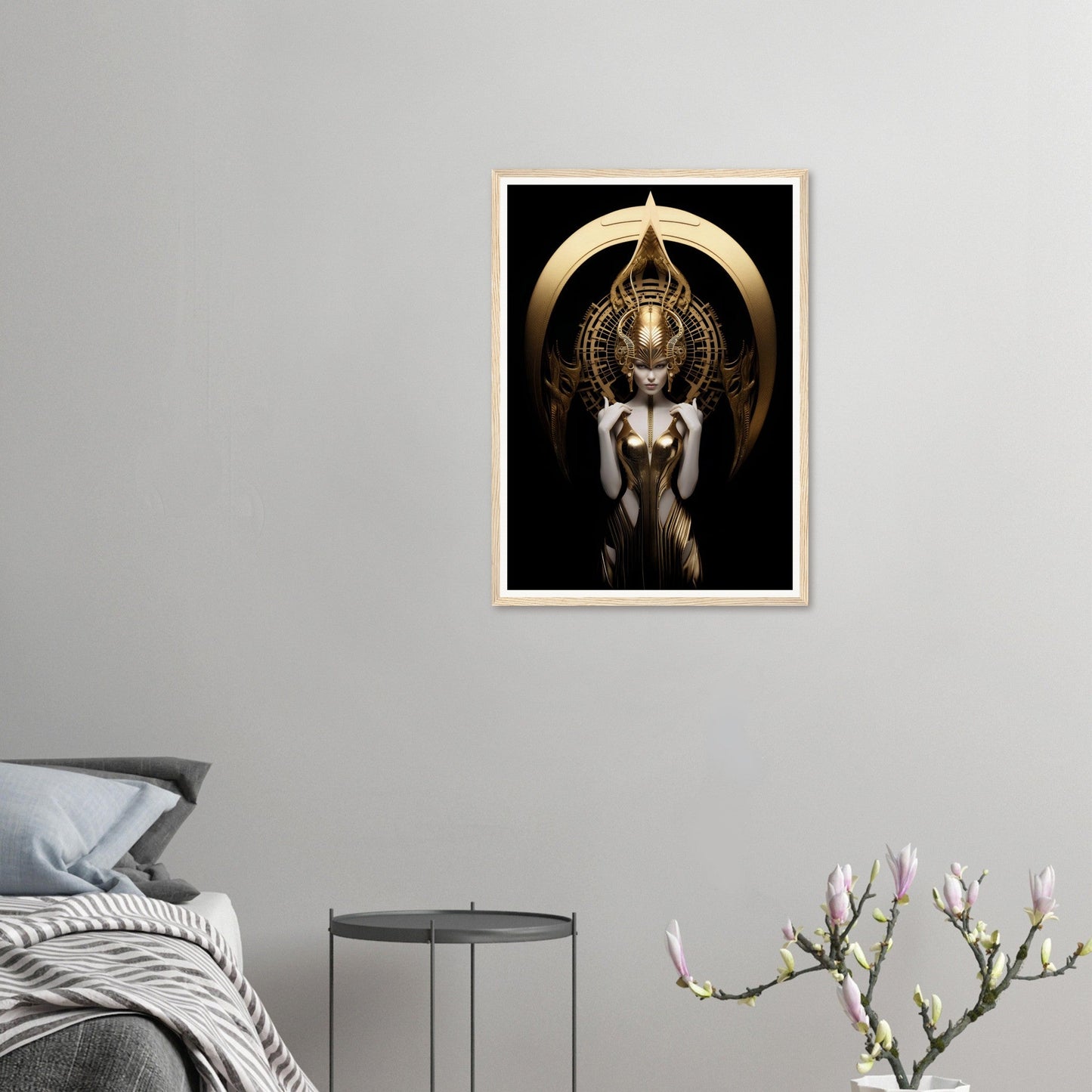 Framed artwork depicting a stylized female figure with ornate headdress and golden circular elements.