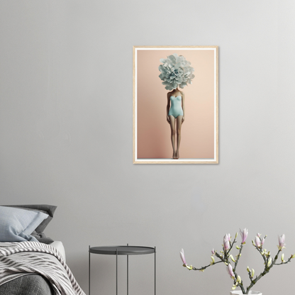 Surreal artwork depicting a human figure with a large blue-green flower in place of its head.