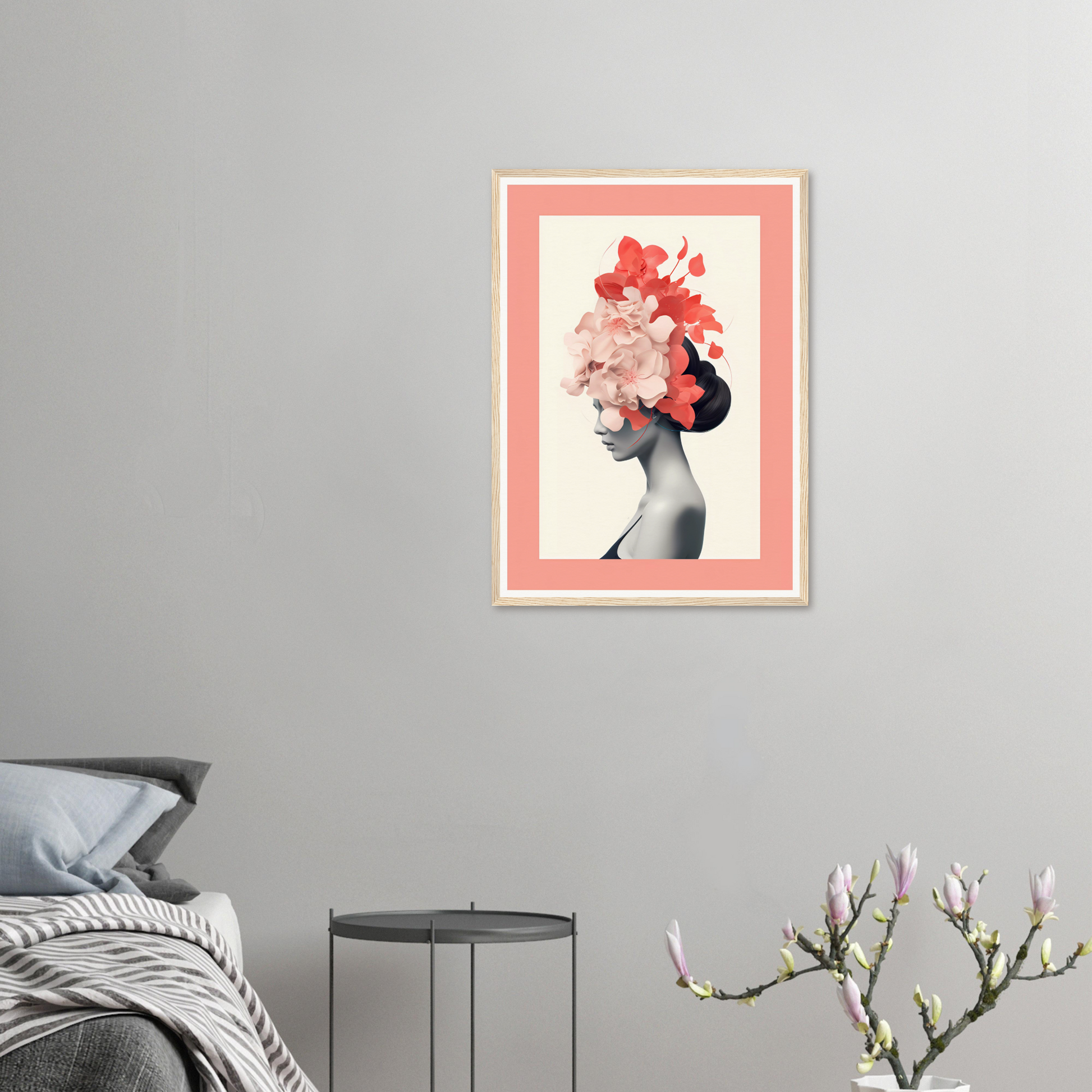 Framed artwork depicting a silhouette with floral elements replacing the head.