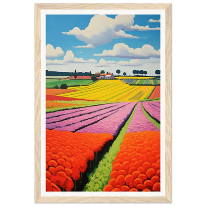 Colorful landscape painting of vibrant flower fields stretching towards the horizon.