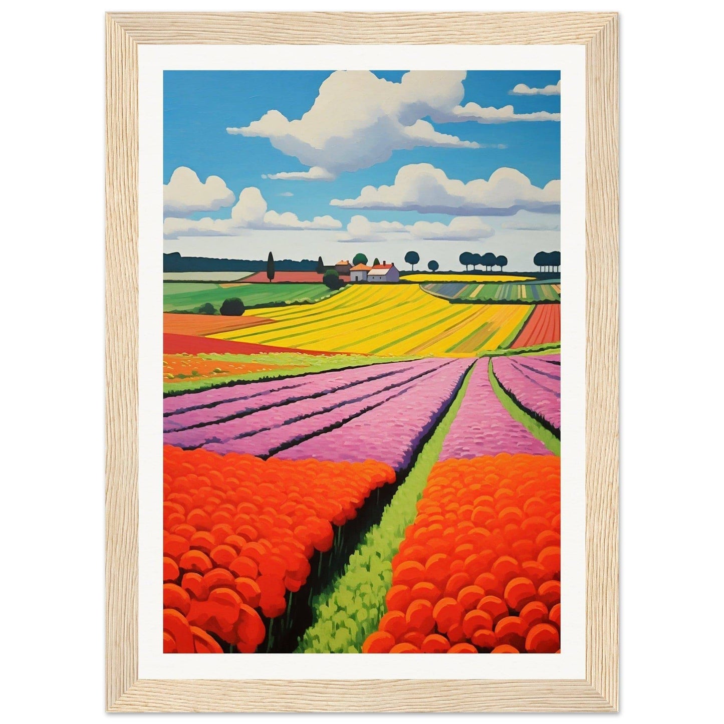 Colorful landscape painting of flower fields with vibrant stripes of yellow, pink, and orange blooms stretching towards the horizon.