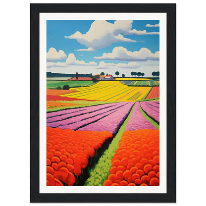 Colorful painting of vibrant flower fields stretching towards the horizon.