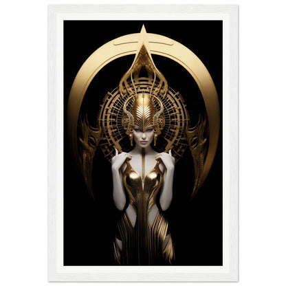 Ornate golden figure with an elaborate headdress and intricate metallic bodysuit against a dark background.