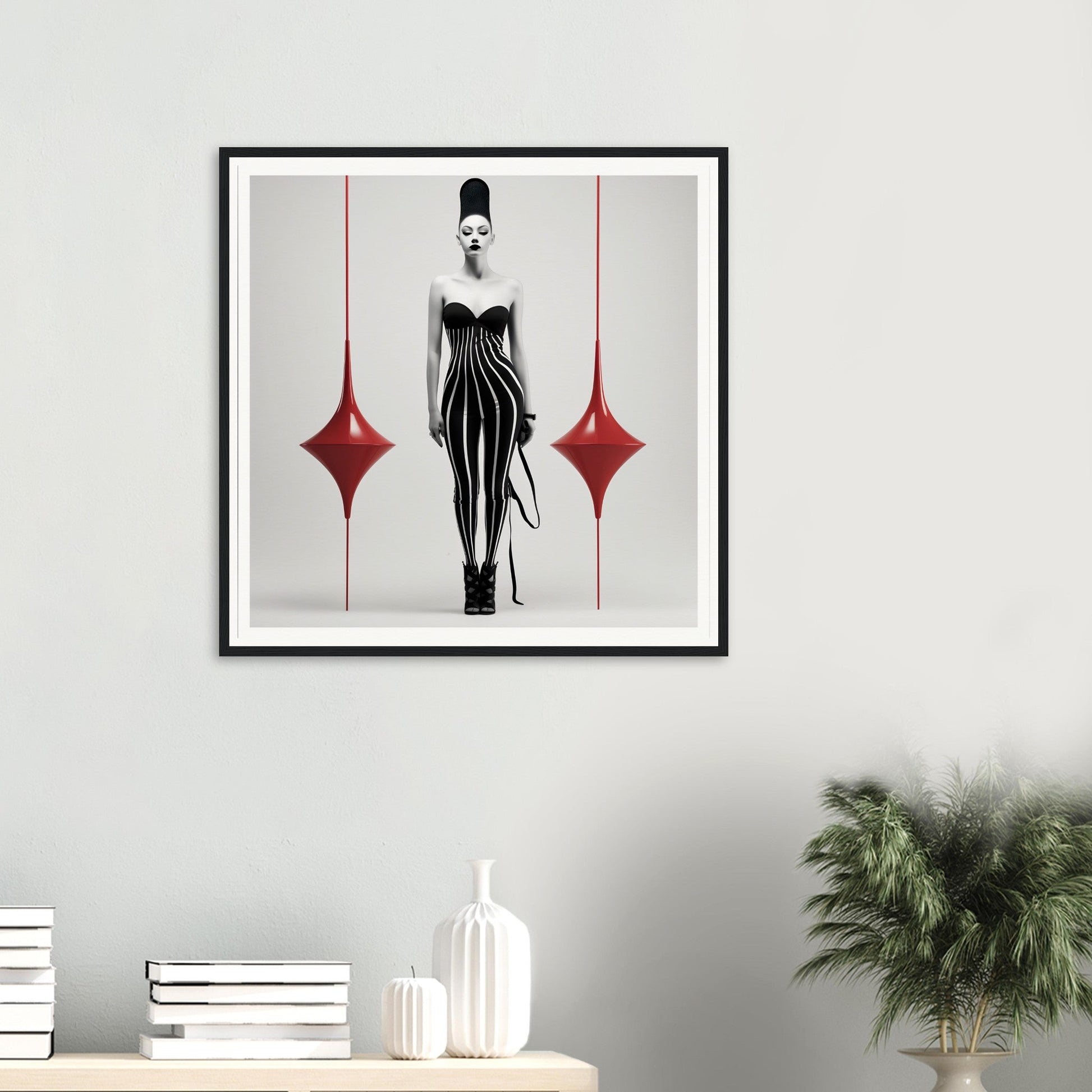 Framed black and white artwork featuring a stylized female figure in a striped dress flanked by red diamond shapes.