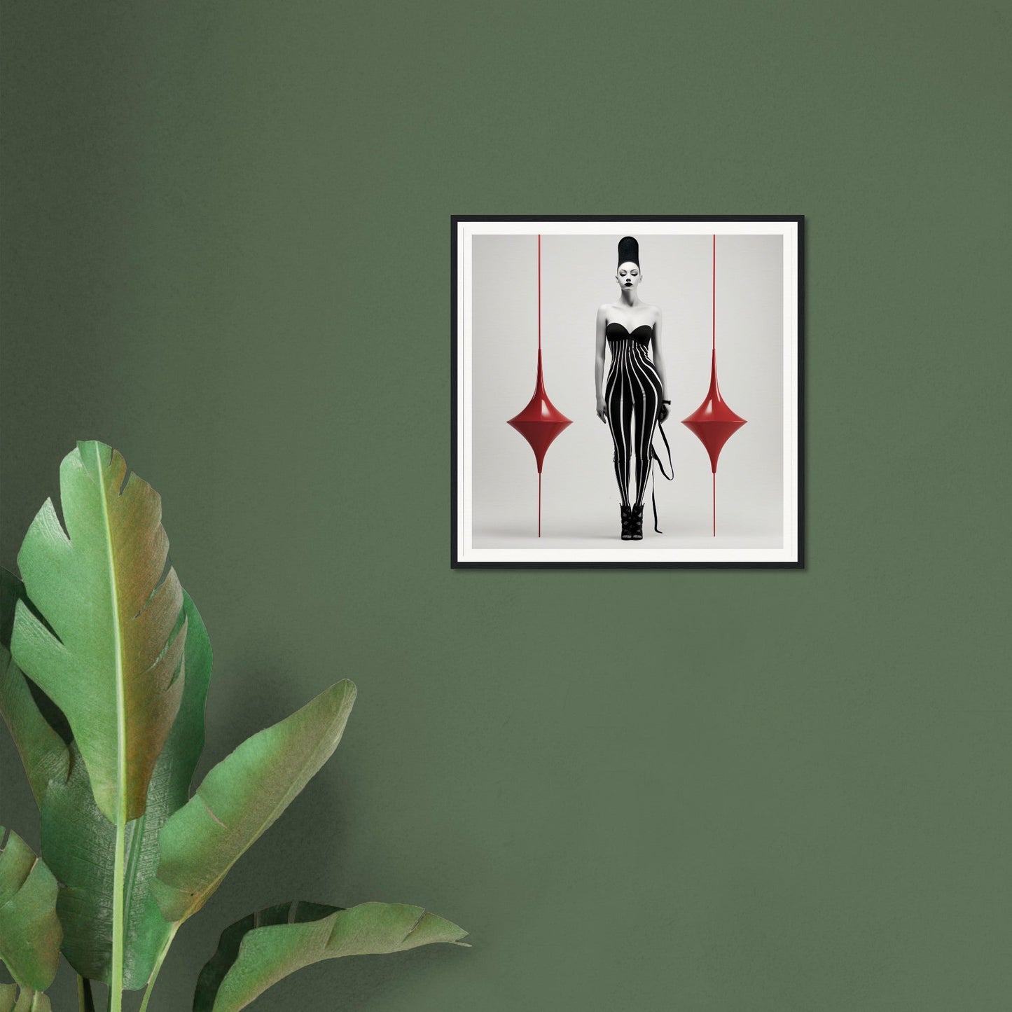 Framed artwork depicting a stylized female figure in a black and white striped dress with red diamond shapes on either side.