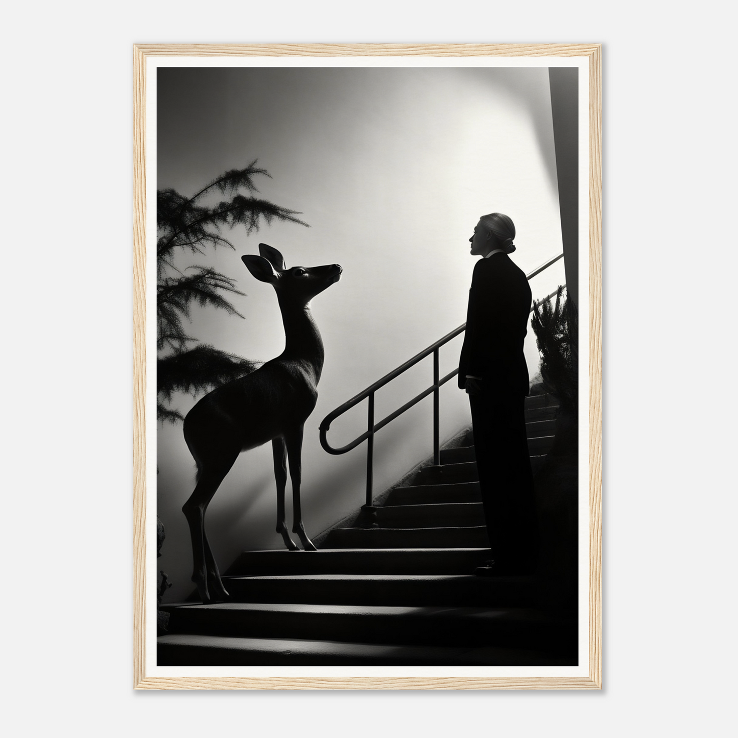 Silhouette of a deer and a person standing on stairs.