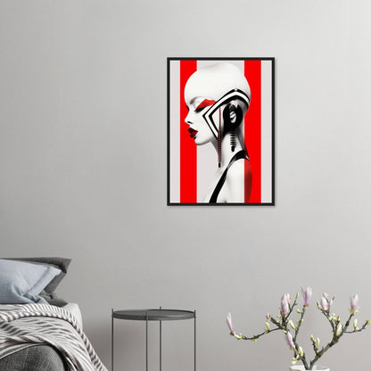 Striking black and white portrait with red background stripes framed on a wall.