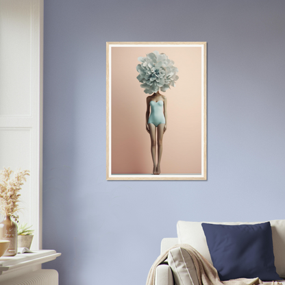 Surrealist artwork depicting a figure with a floral bloom in place of a head, wearing a pale blue bodysuit.