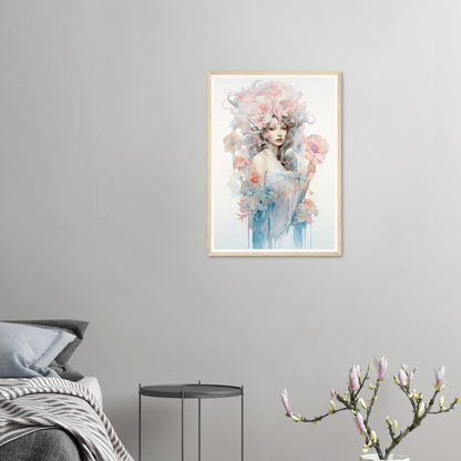 Framed watercolor painting of an ethereal feminine figure with floral elements in soft pastel hues.