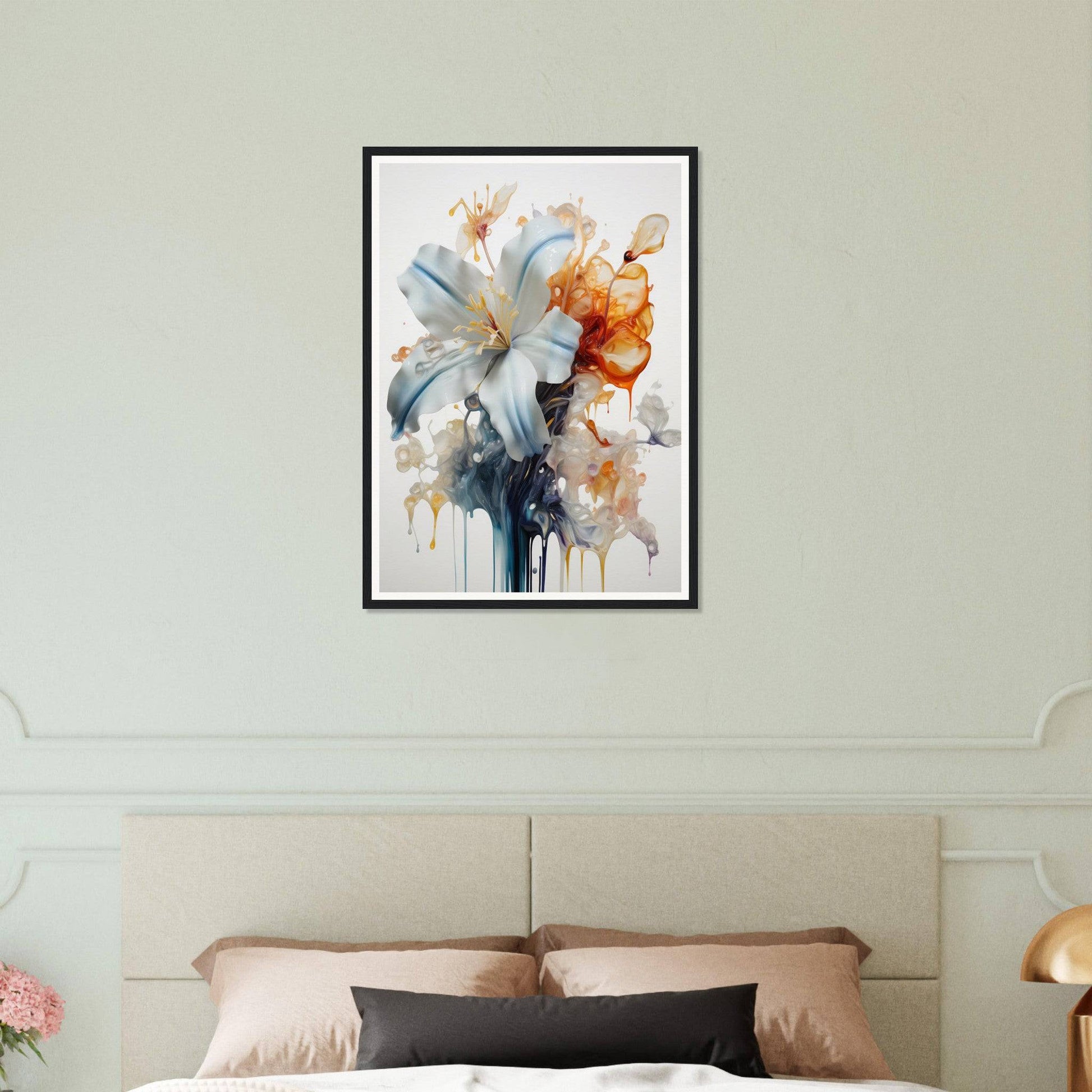 Framed abstract floral painting with soft blue and orange tones.