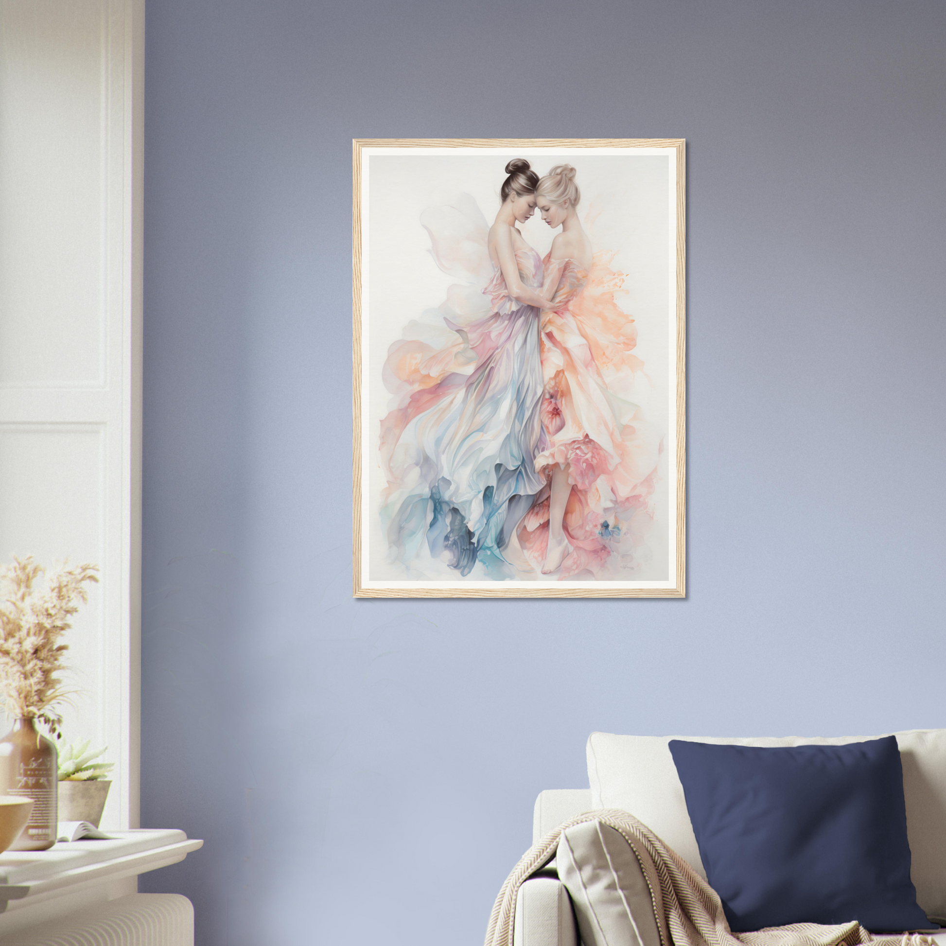 Framed watercolor painting of a graceful ballet dancer in flowing pastel-colored costume.