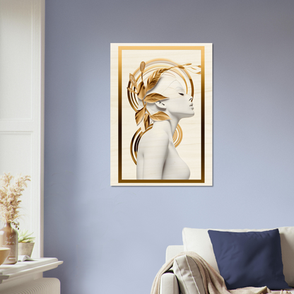 Framed artwork depicting a stylized female figure with golden, swirling hair elements.