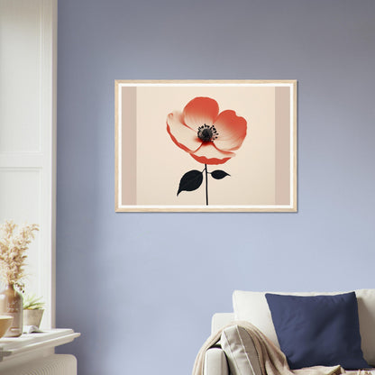 Framed artwork depicting a single red poppy flower with black center and leaves.